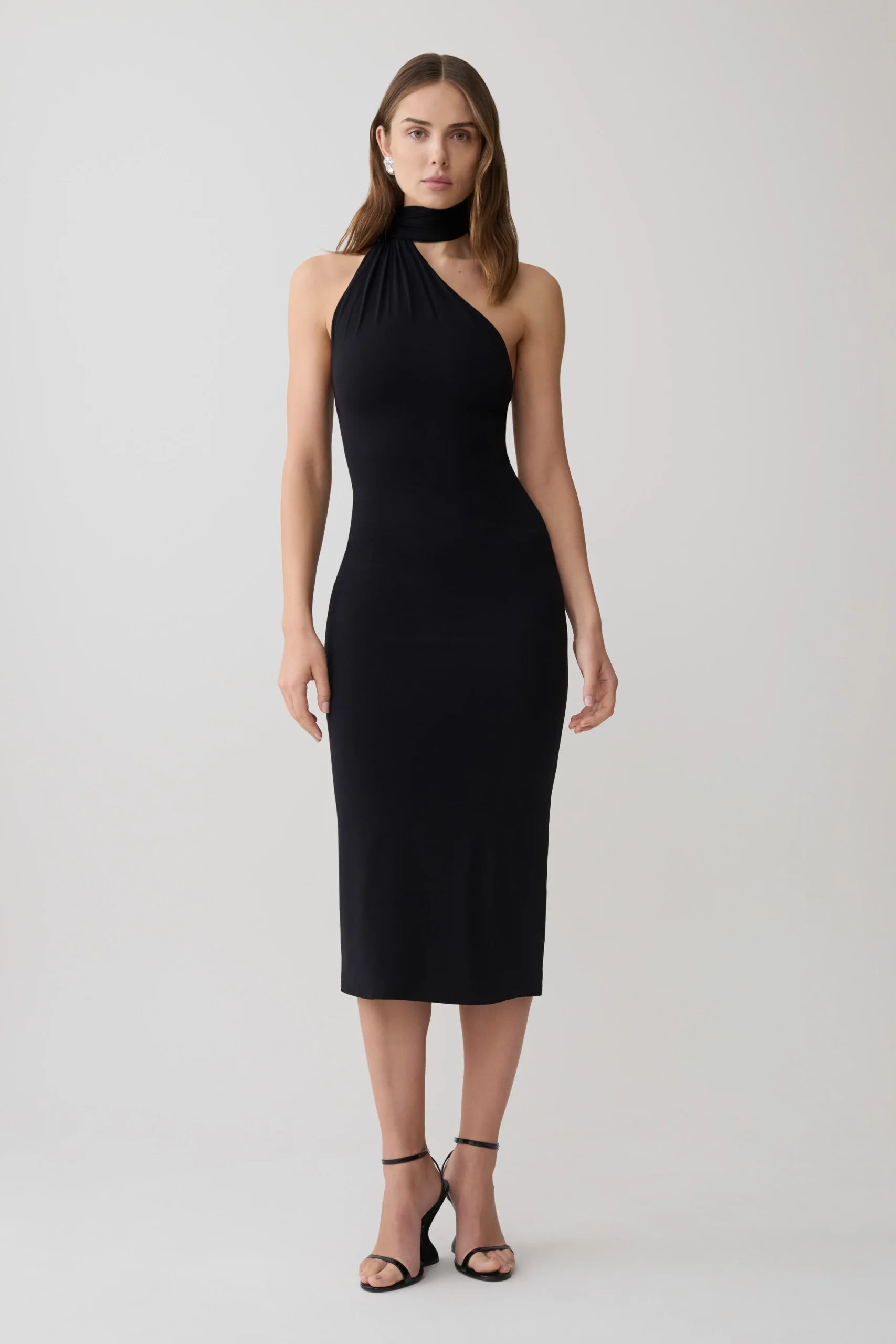 JemmaOne Shoulder Tie Midi Dress - Black