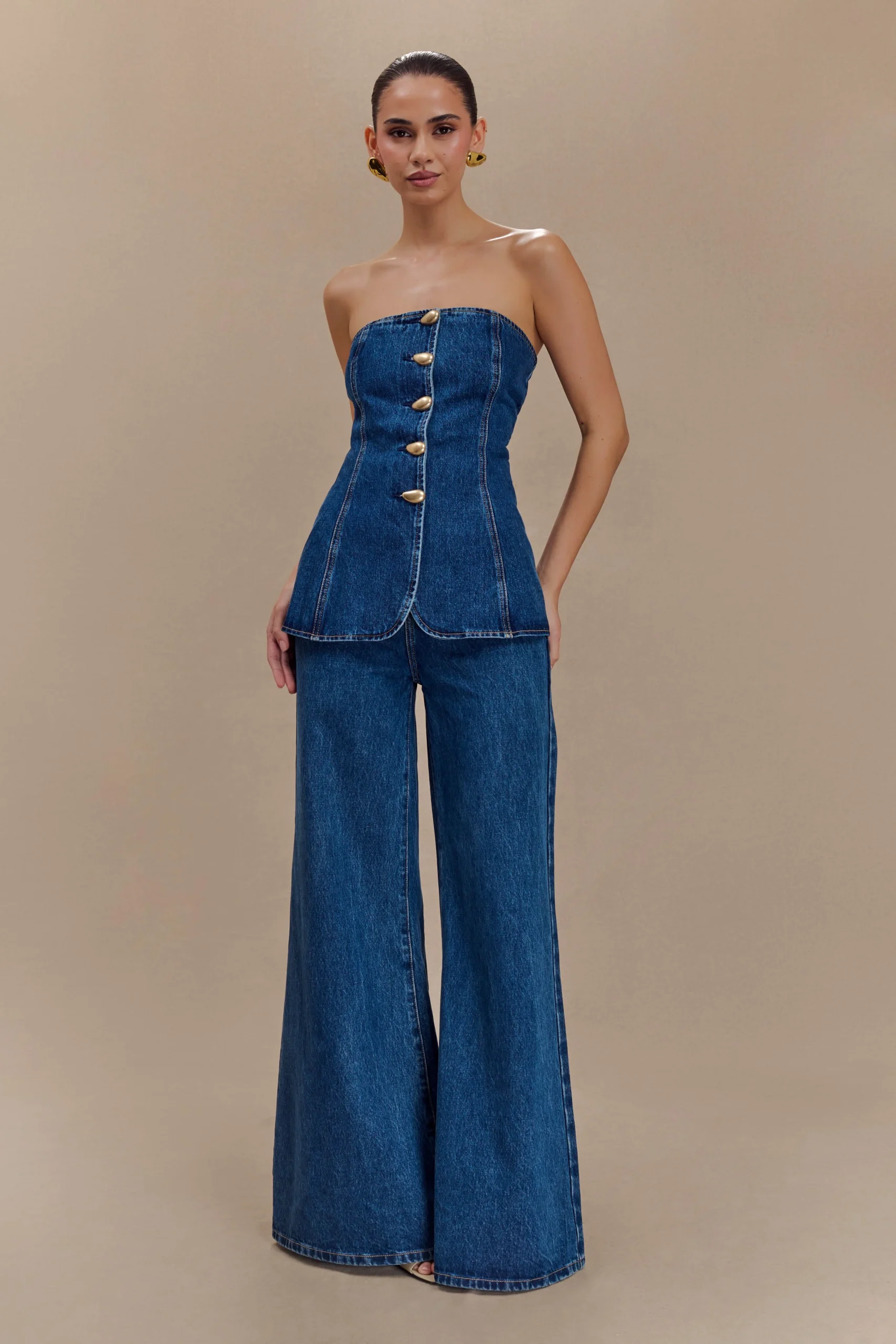 JenWide Leg Flare Denim Jeans - Dark Blue