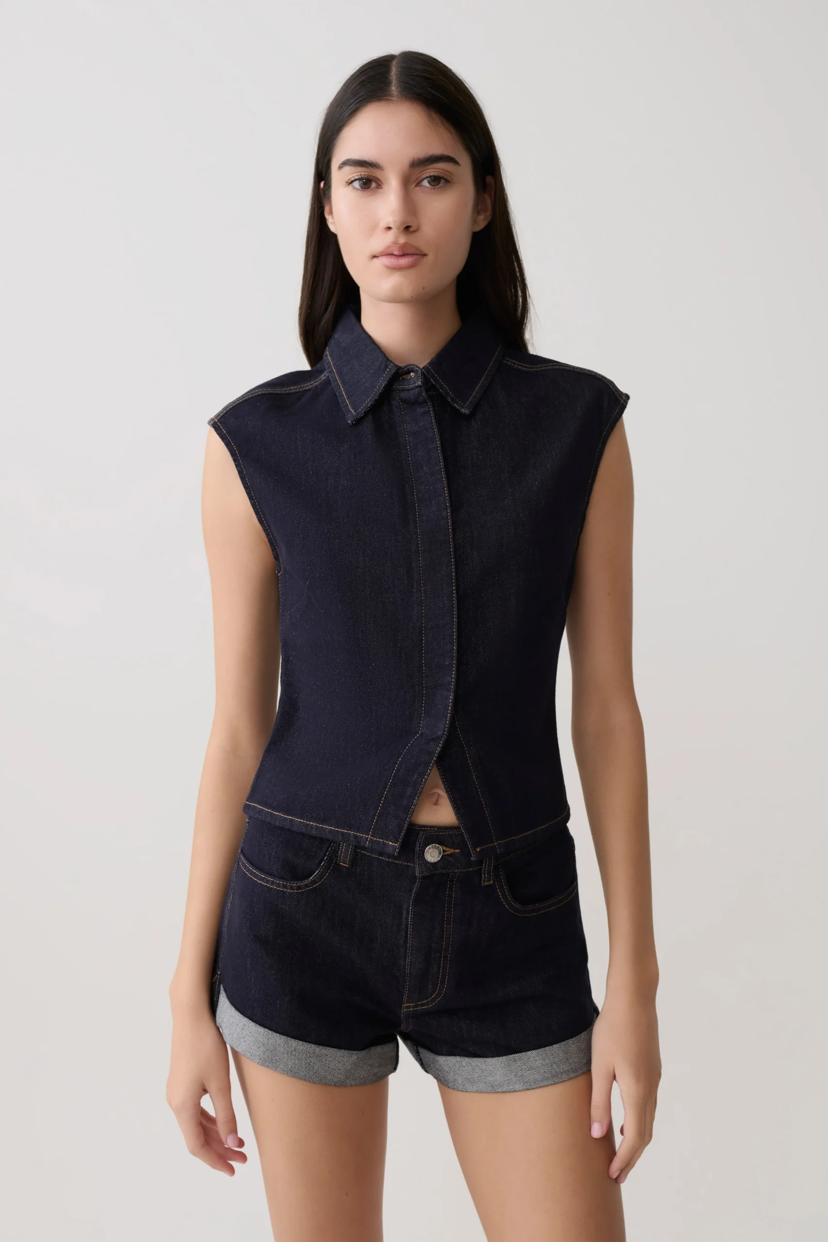 JeremyCollared Denim Longline Top - Washed Indigo Blue
