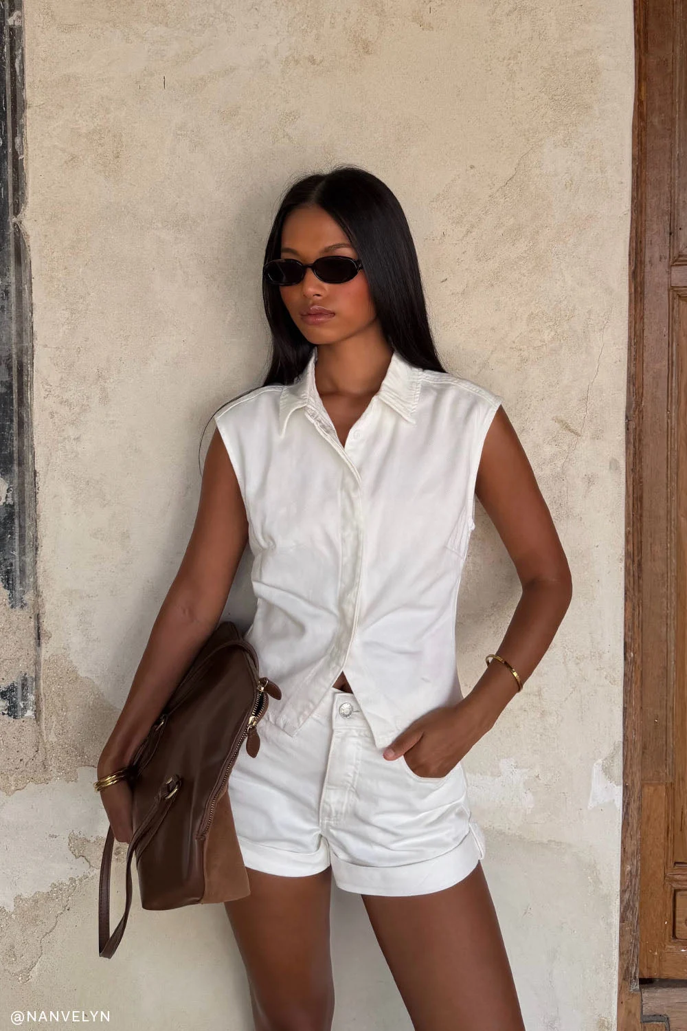 JeremyCollared Denim Longline Top - White