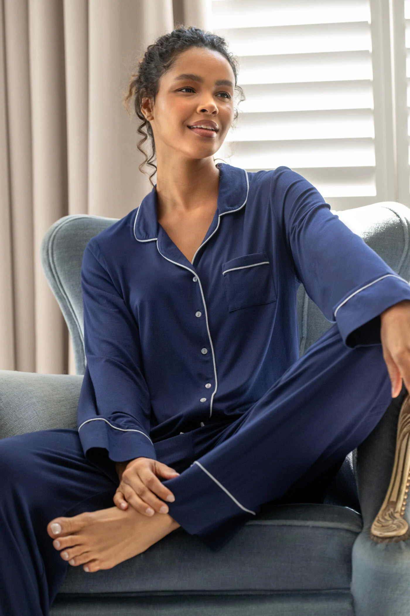 Jersey Button Through Revere Collar Pyjama Set - Navy