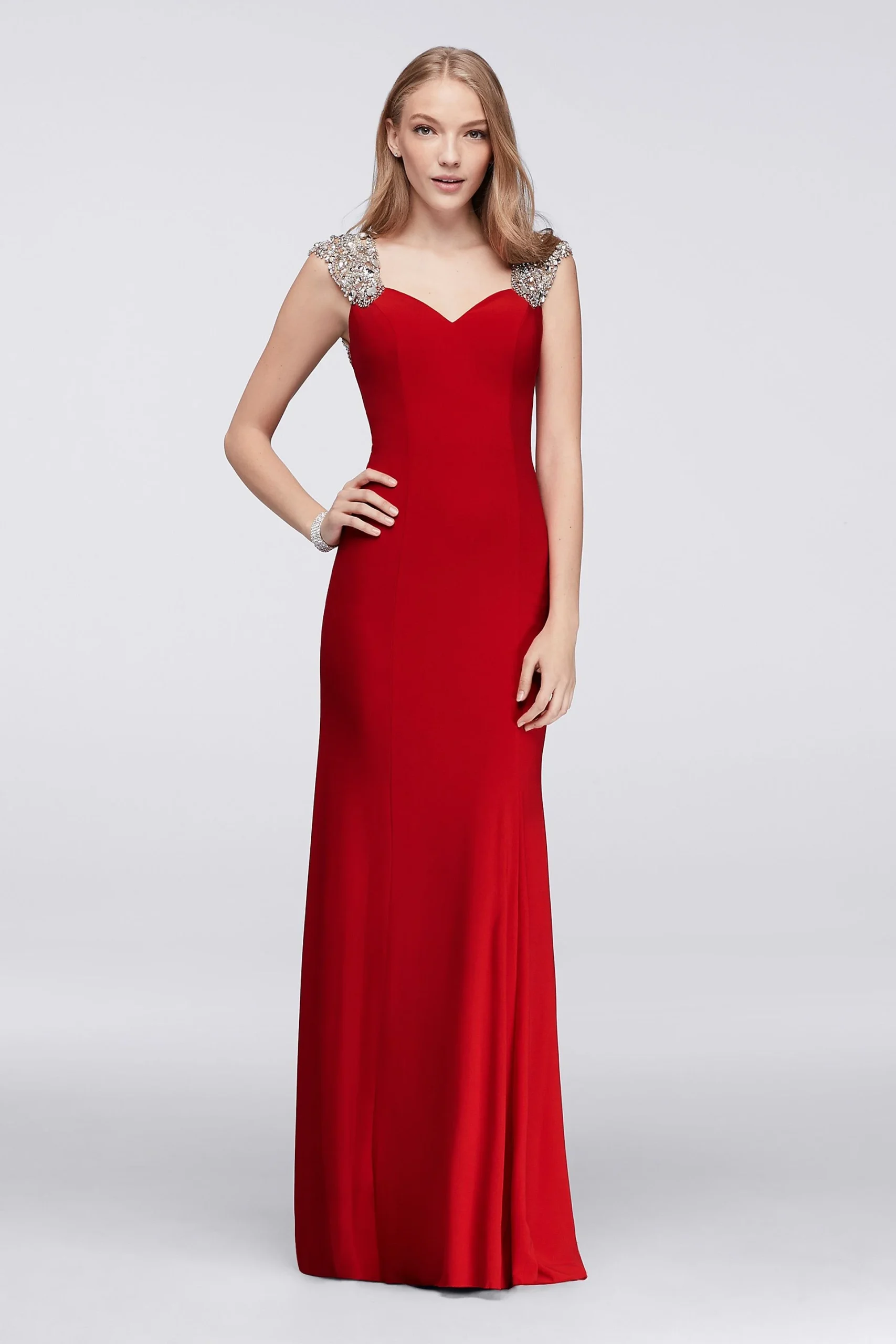 Jersey Column Dress with Beaded Shoulders and Back