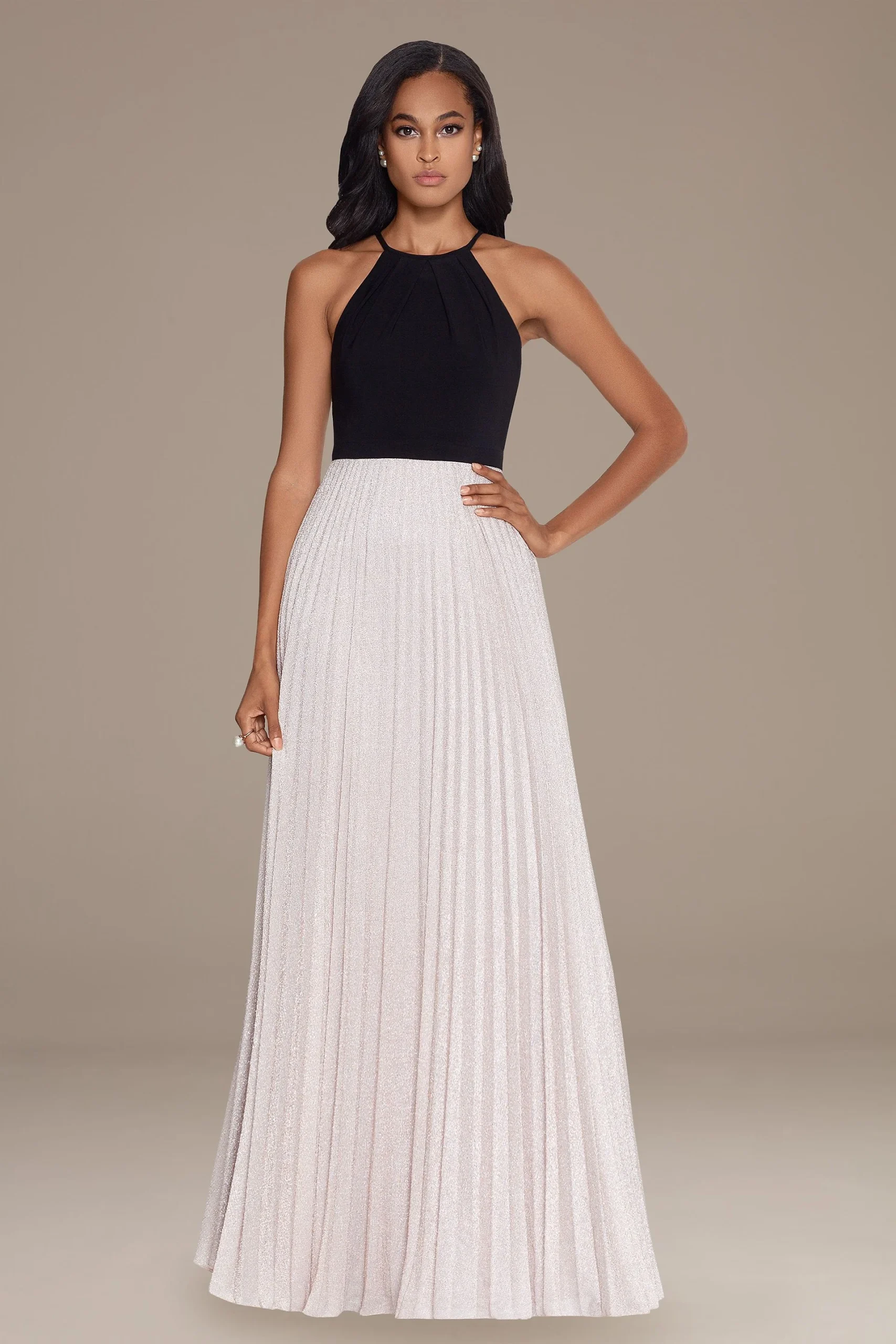 Jersey Halter Dress with Pleated A-Line Skirt