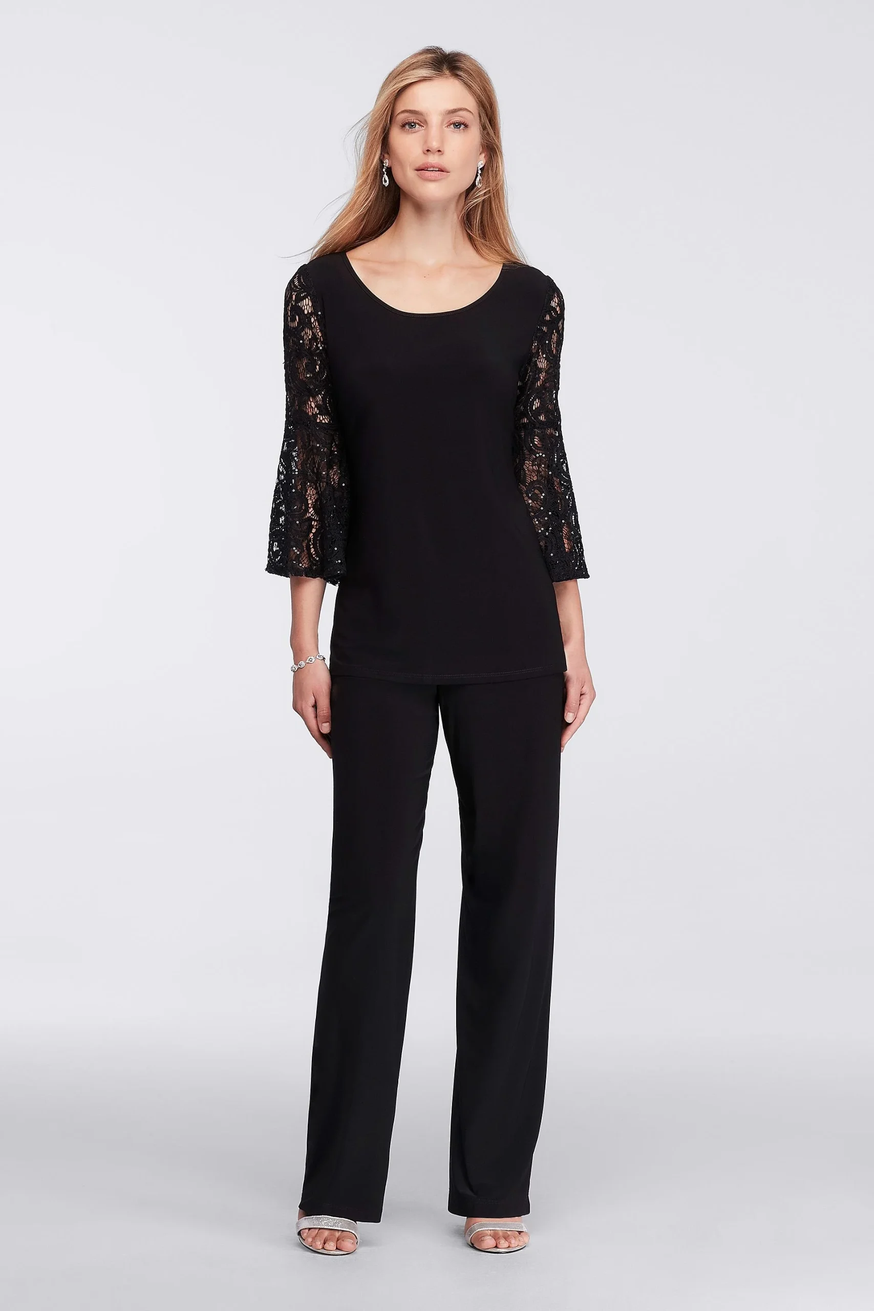 Jersey Two Piece Long Sleeve Pantsuit with Lace
