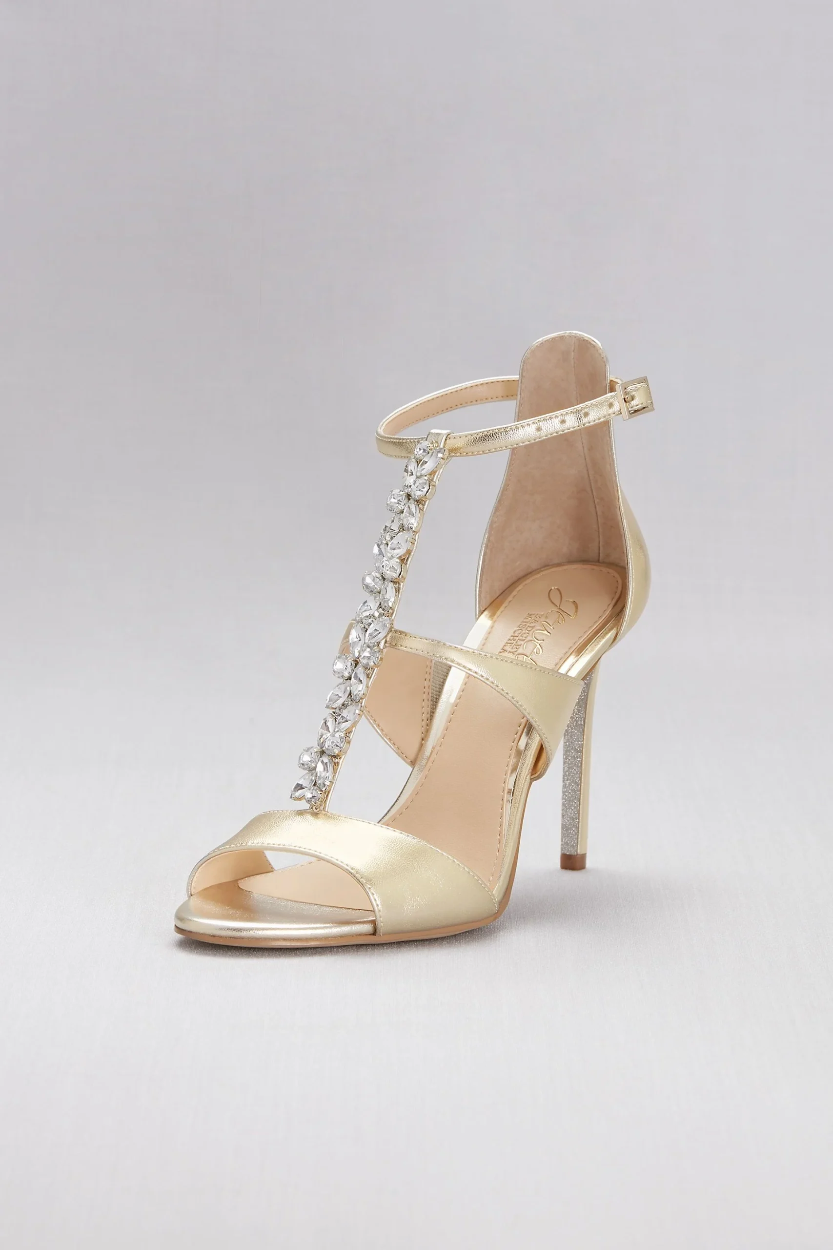 Jeweled T-Strap Metallic Ankle-Strap Heels