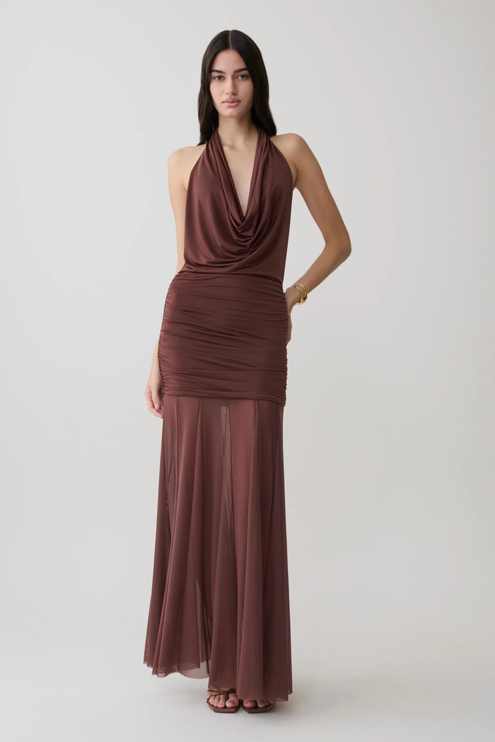 JorjaDraped Halter Slinky Maxi Dress - Chocolate