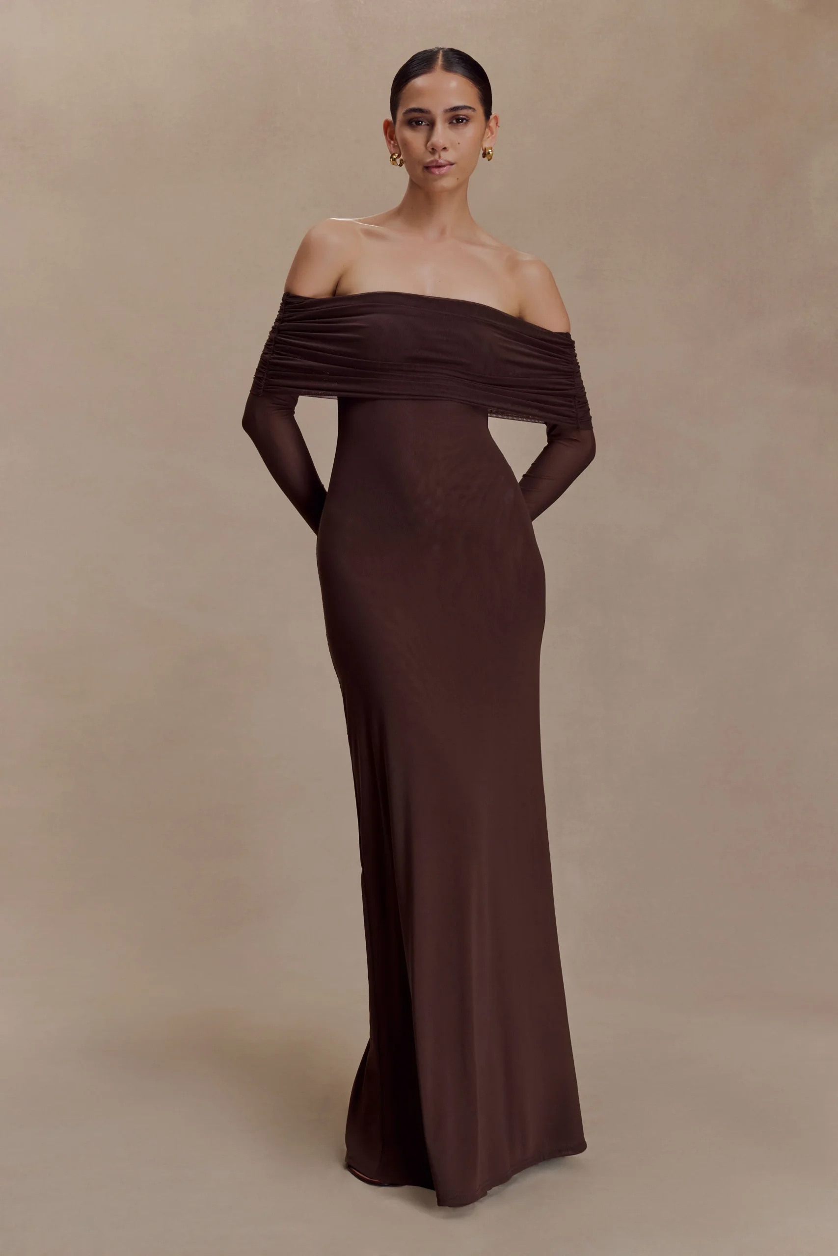 JosieFINAL SALEOff Shoulder Mesh Maxi Dress - Dark Brown
