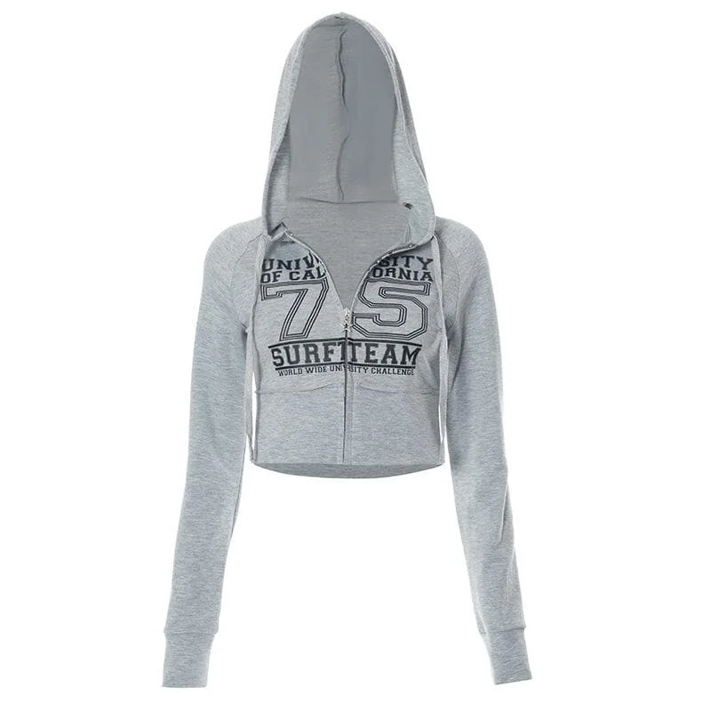 Hoodie zip-up "75" pattern contrast long sleeve crop top