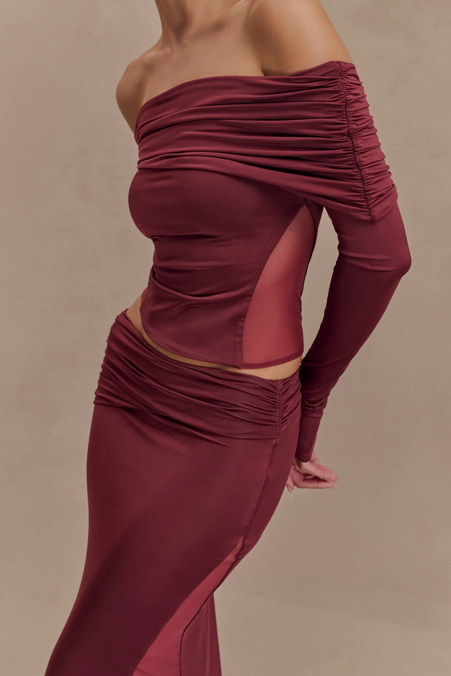 JudyFINAL SALESlinky And Mesh Off Shoulder Top - Wine