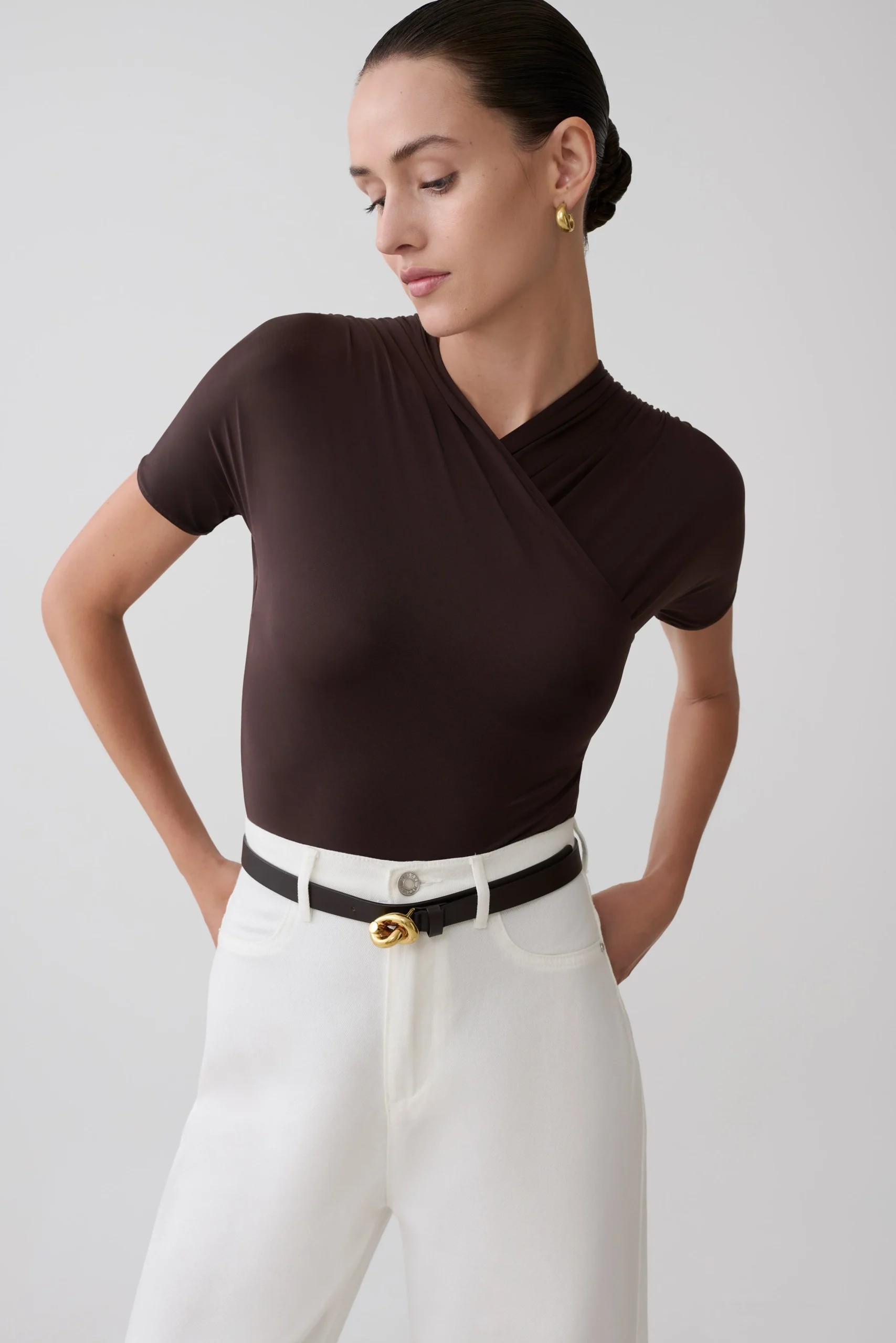 JunieShortsleeve Cross-Over Bodysuit - Chocolate