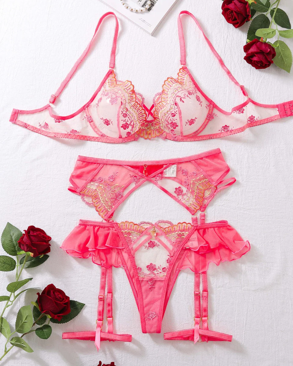 Just My Type - 4 Piece Pink Floral Lace Lingerie Set