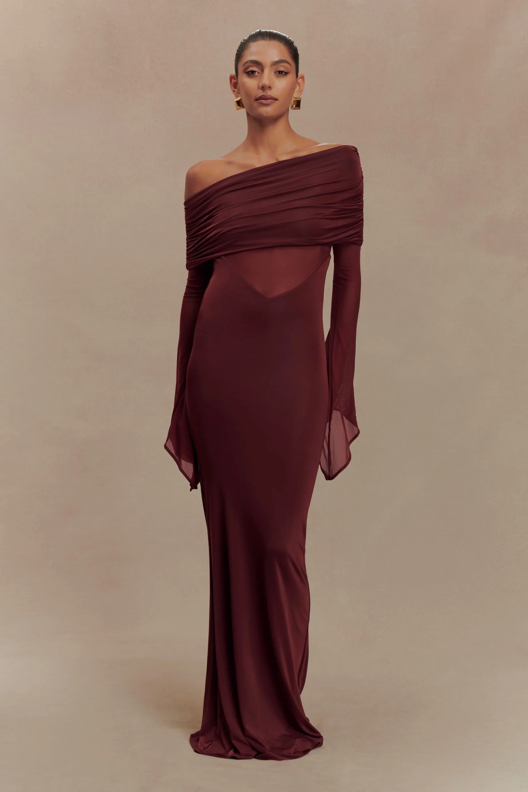 KaitlinFINAL SALEOne Shoulder Slinky And Mesh Maxi Dress - Burgundy