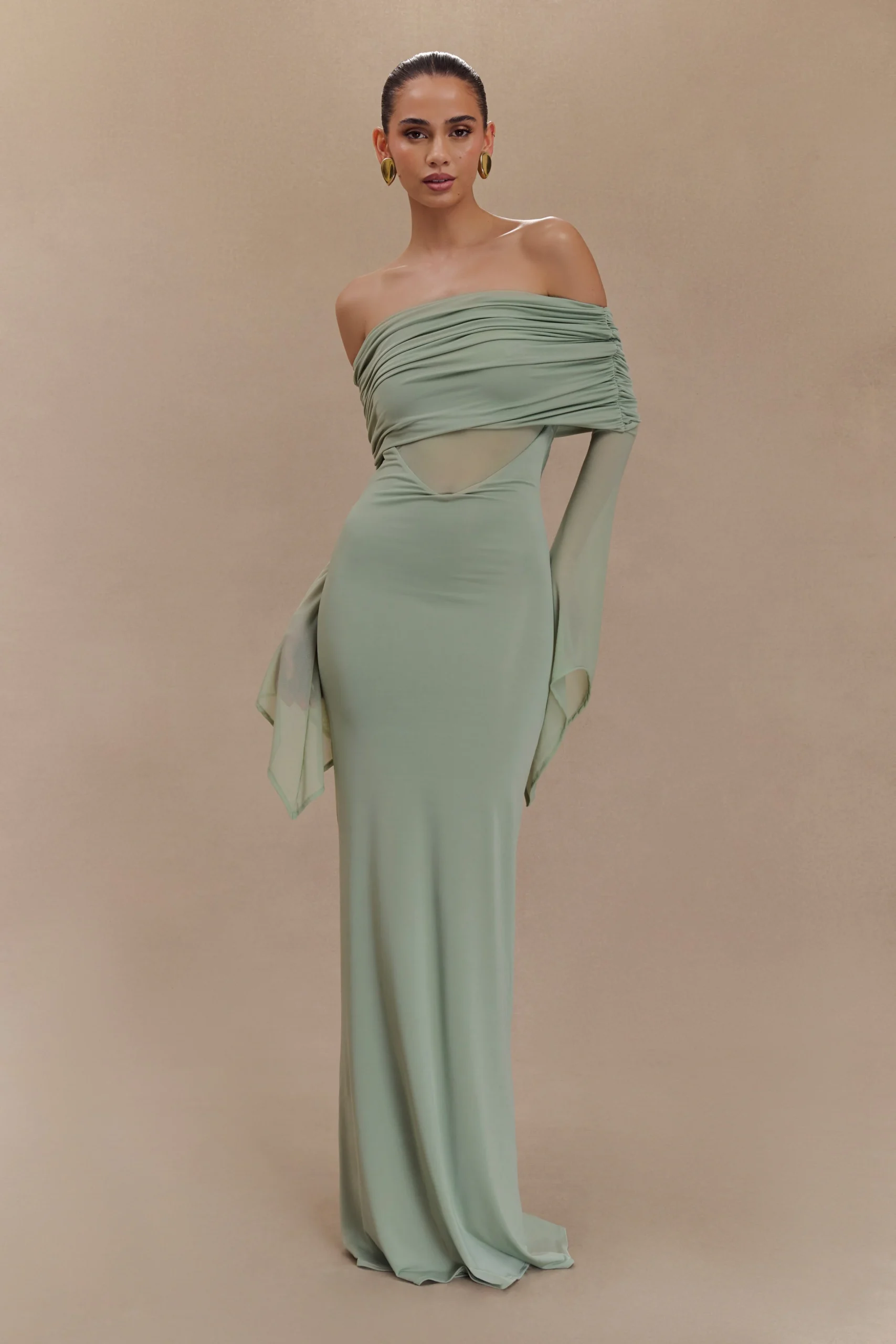 KaitlinOne Shoulder Slinky And Mesh Maxi Dress - Basil