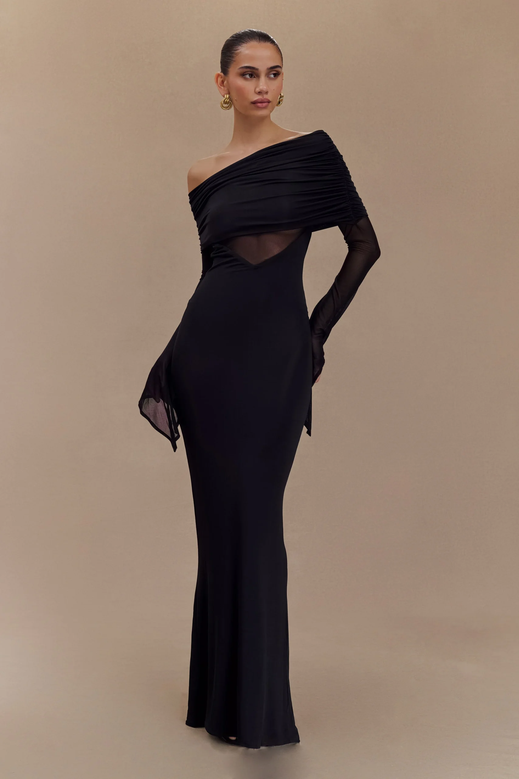 KaitlinOne Shoulder Slinky And Mesh Maxi Dress - Black