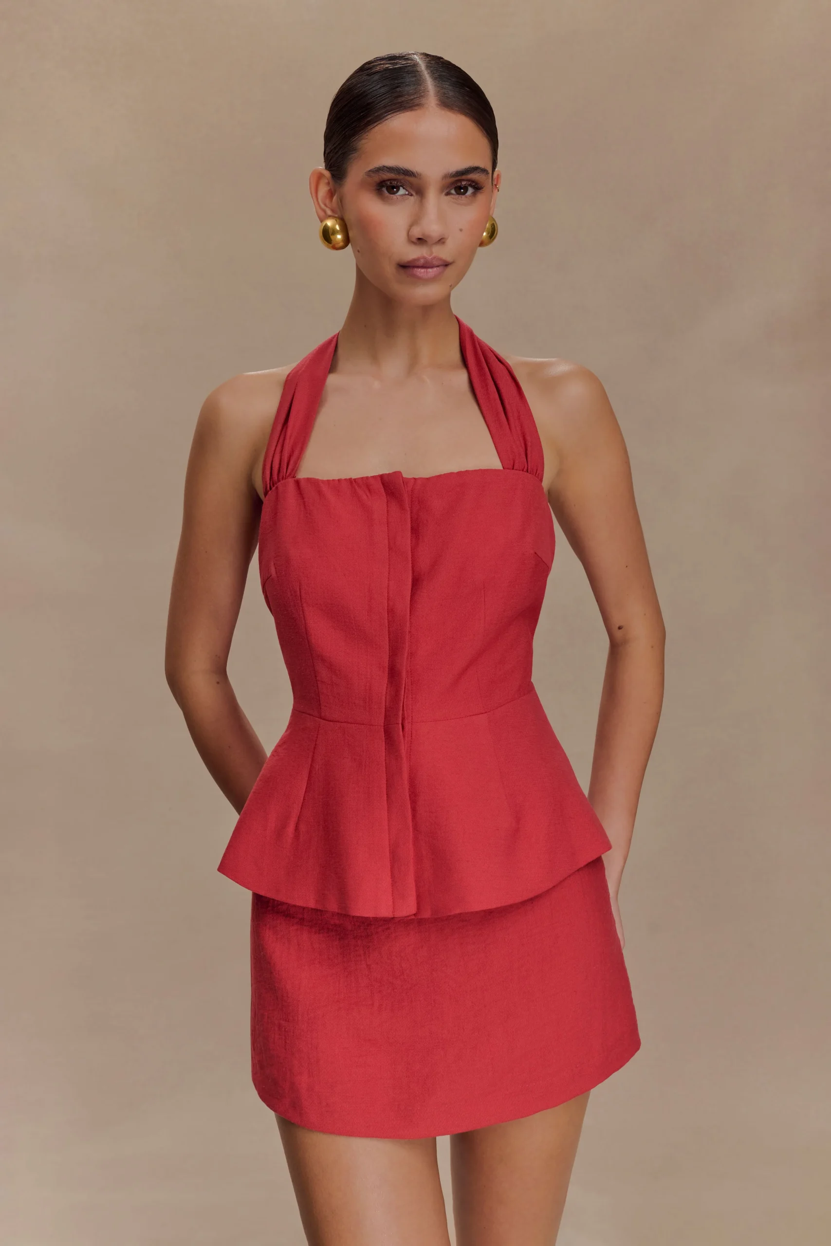 KallieFINAL SALELinen Peplum Halter Top - Burnt Rose