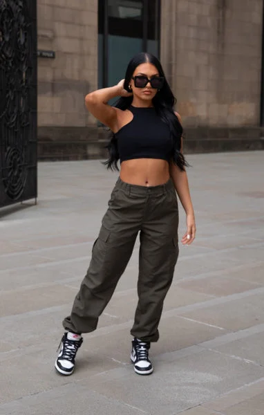 Khaki Cuffed Cargo Trousers - Nora