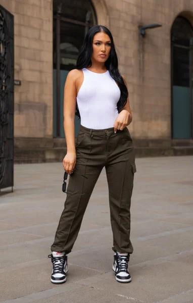 Khaki Cuffed Front Seam Cargo Trousers - Lulu