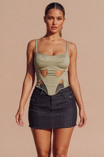 Khaki Fitted Corset Cup Structured Cut Out Crop Top - Albertine