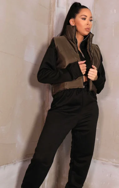 Khaki High Neck Sleeveless Zip Up Cropped Puffer Gilet - Brea