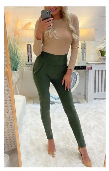 Khaki High Waist Double Band Pocket Leggings - Aria