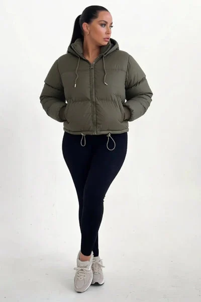 Khaki Hooded Drawstring Cropped Puffer Jacket - Stacey