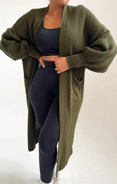 Khaki Knitted Long Sleeve Midi Cardigan - Georgia