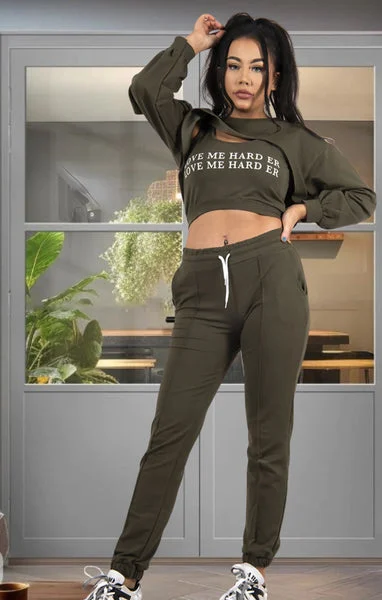 Khaki'Love Me Harder' Crop Top Three Piece Co-ord - Sammy