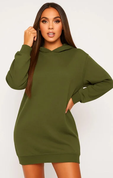Khaki Oversized Baggy Pocket Sweat Hood Mini Dress - Maxine
