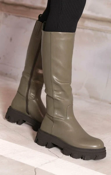 Khaki PU Faux Leather Chunky Platform Zip Up Knee High Biker Boots - Vada