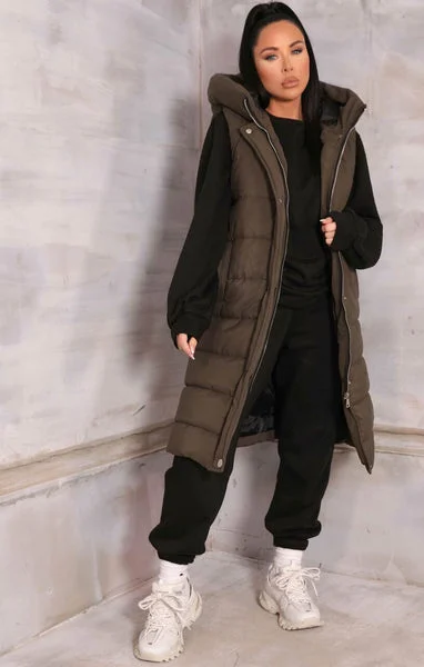 Khaki Sleeveless Longline Midi Zip Up Hooded Puffer Gilet - Terri