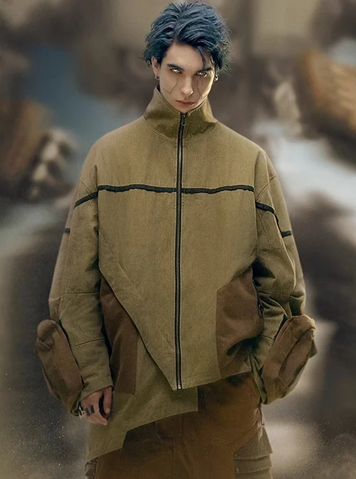 Khaki Wasteland Style Distressed Craft Detachable Punching Bag Pockets Asymmetrical Hem Mid-Length Cyberpunk Windbreaker Jacket