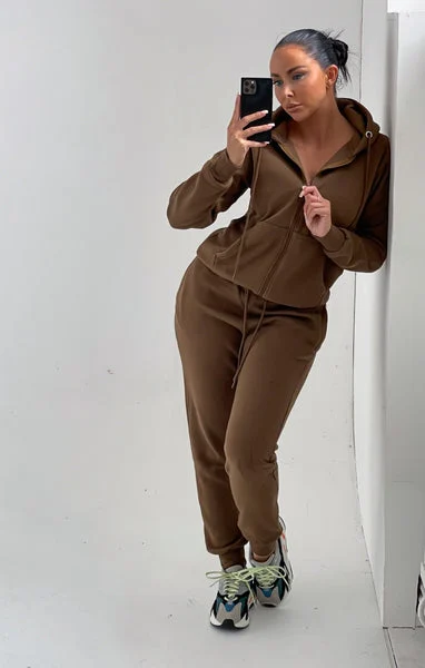 Khaki Zip Up Hoodie Cuffed Joggers Loungewear Set - Sibyl