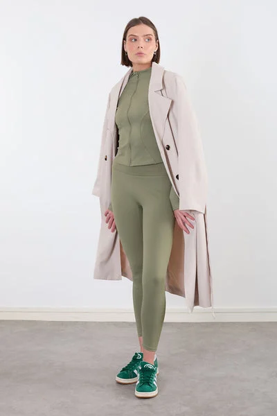 Khaki Zip Up Long Sleeve Top with Leggings Activewear Set - Livia