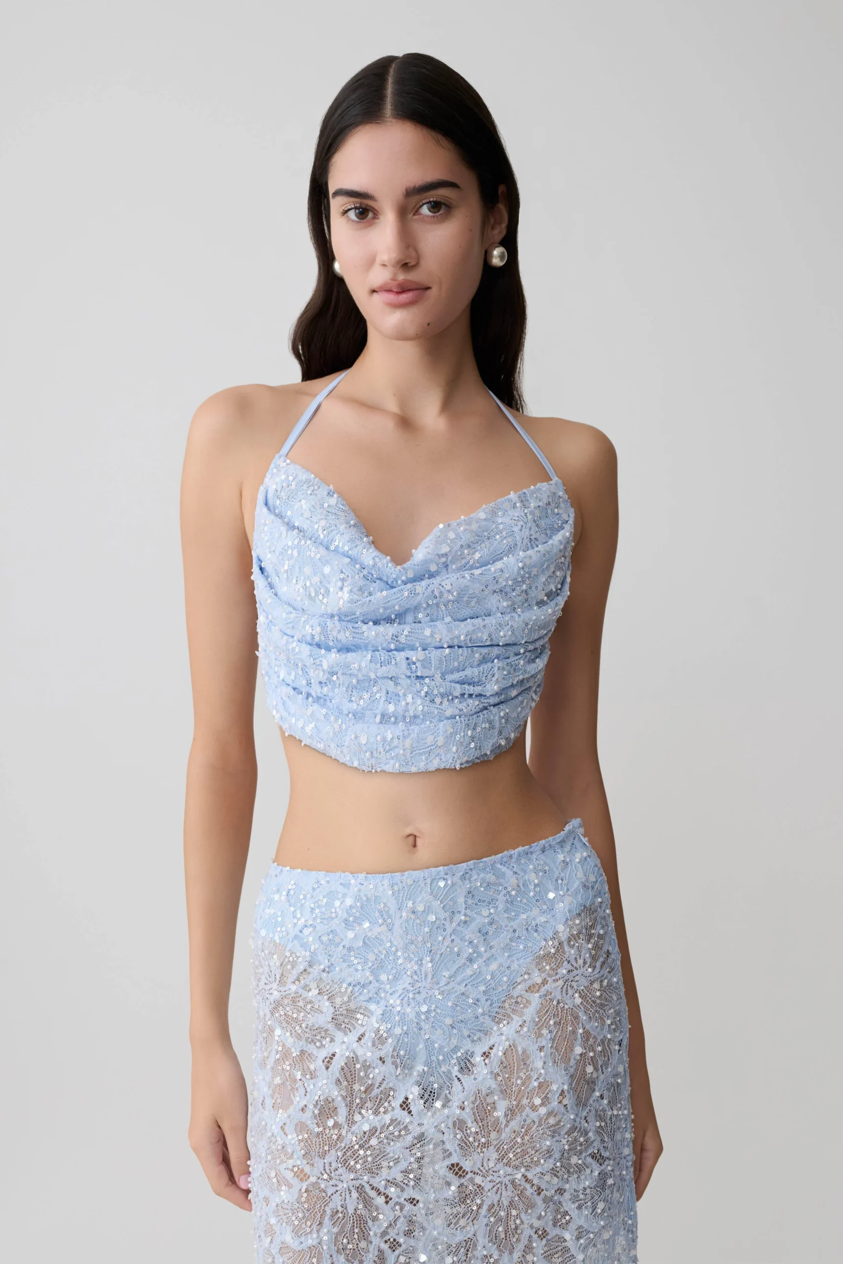 KiaraPearl Beaded Cowl Crop Top - Powder Blue