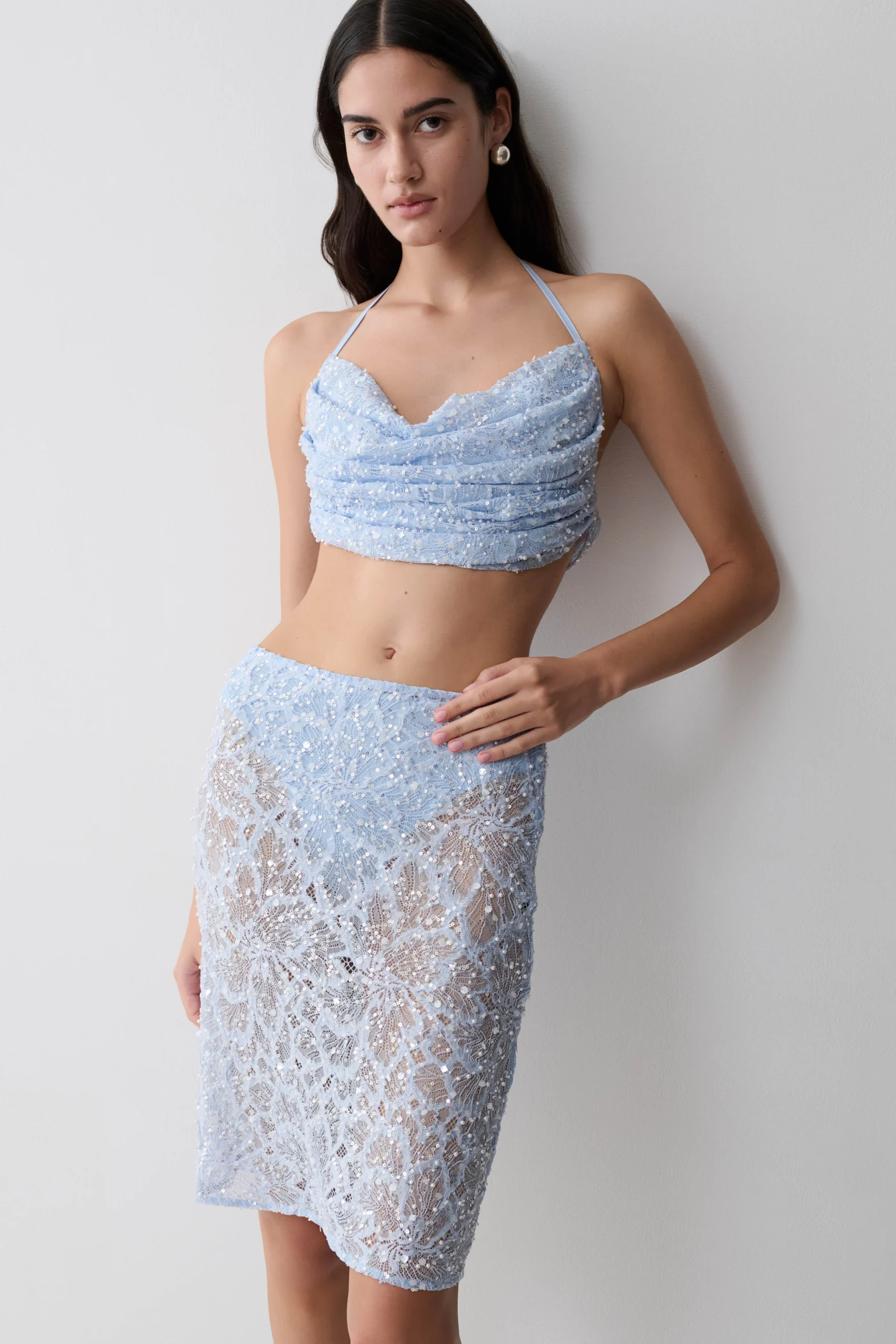 KiaraPearl Beaded Midi Skirt - Powder Blue