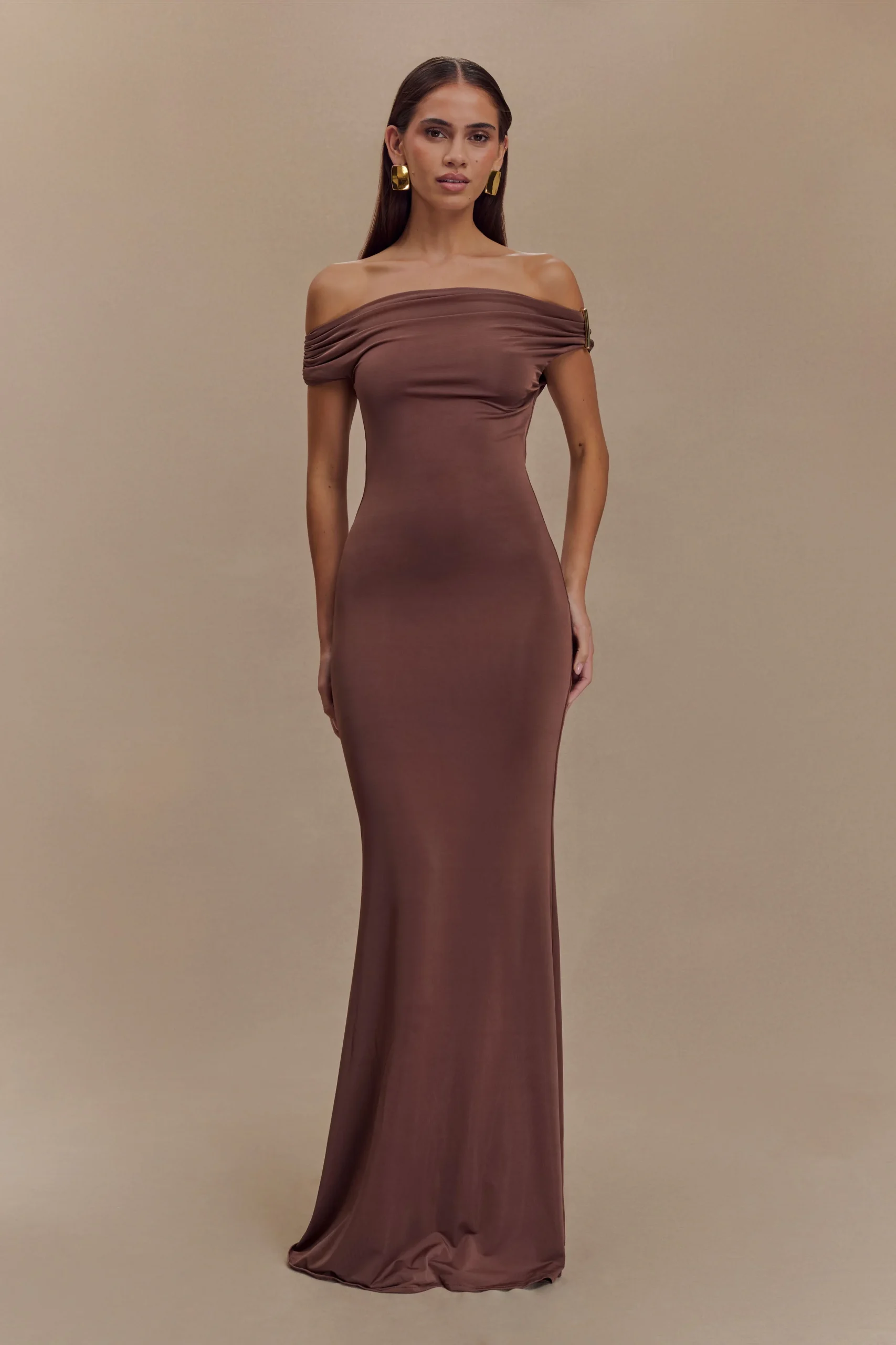 KinsleySlinky Maxi Dress With Hardware - Chocolate