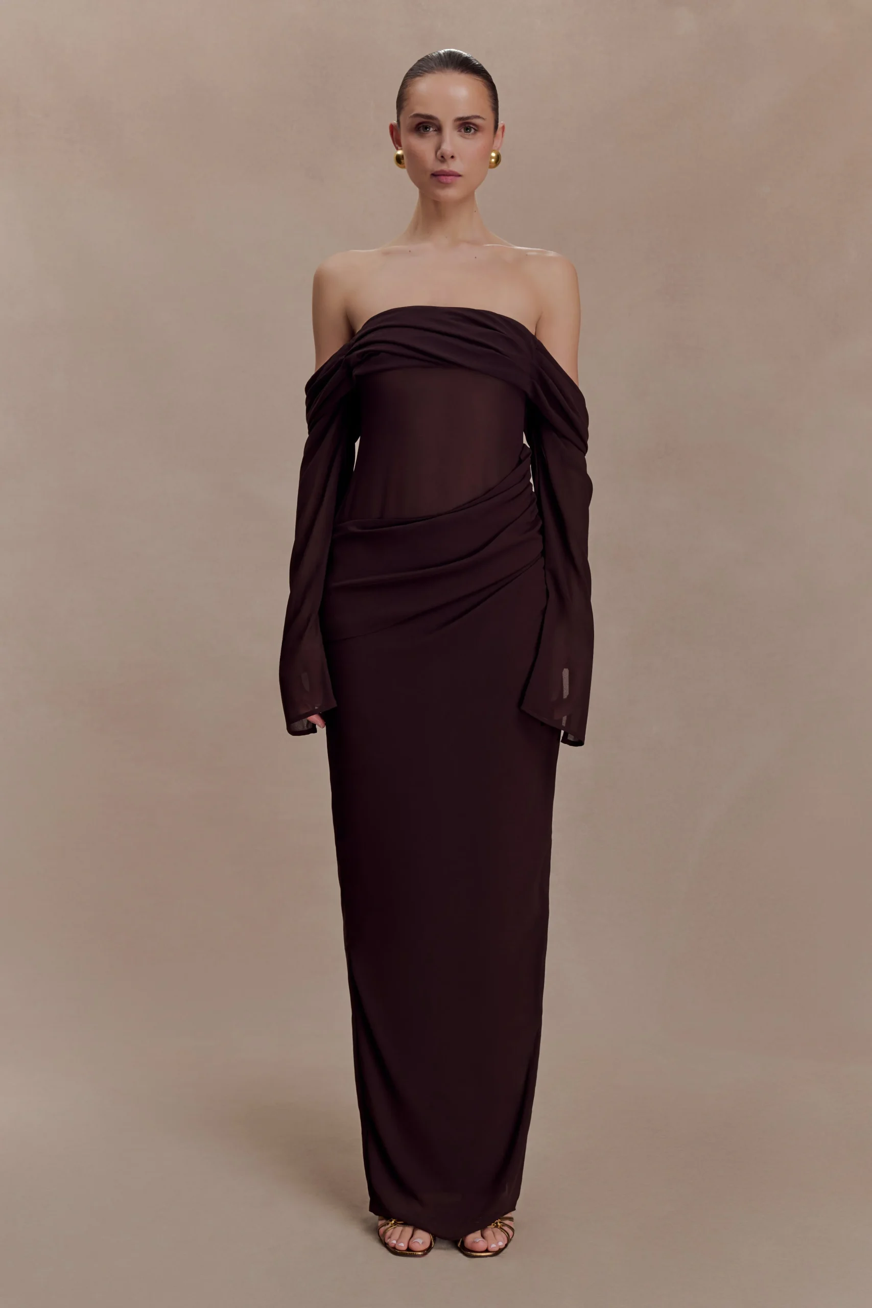 KirstenOff Shoulder Chiffon Maxi Dress - Cacao Brown