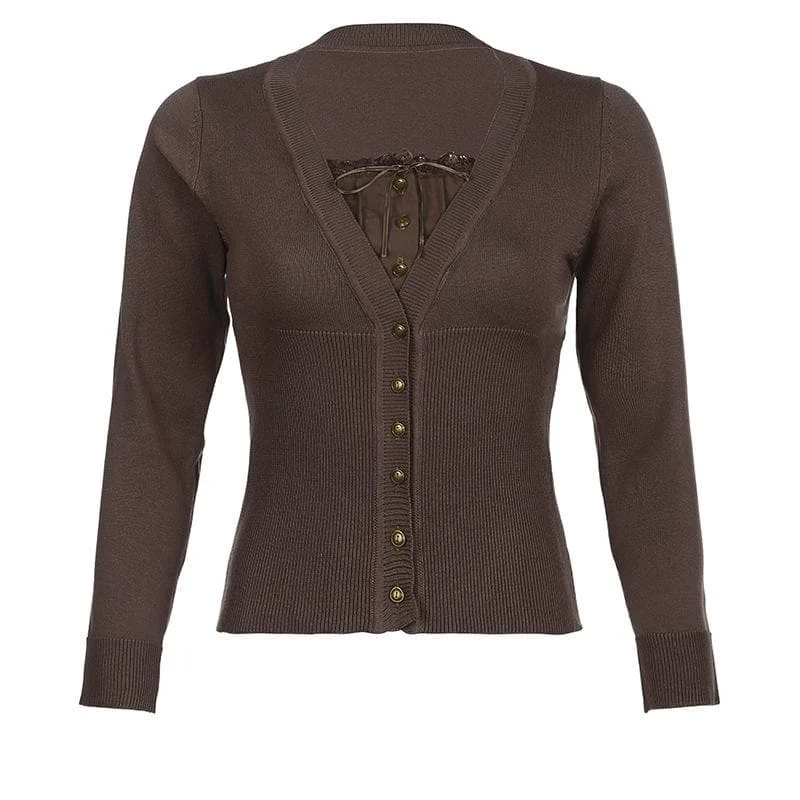 Knitted lace hem button ruched long sleeve patchwork top - Final Sale