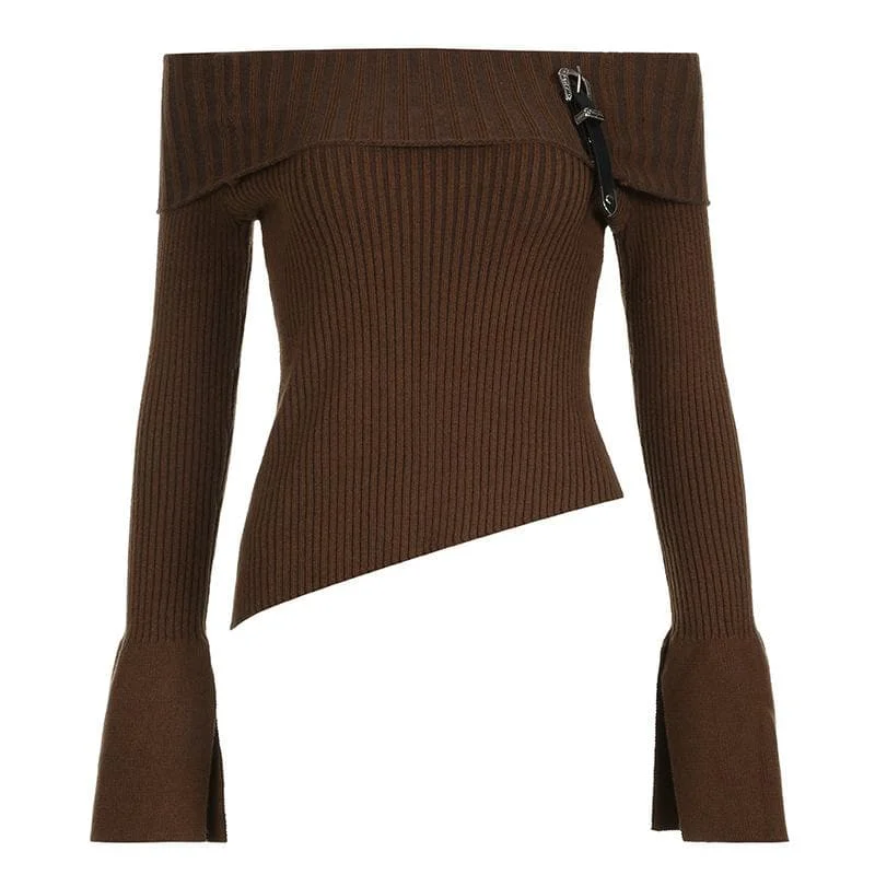 Knitted long flared sleeve buckle off shoulder slit top