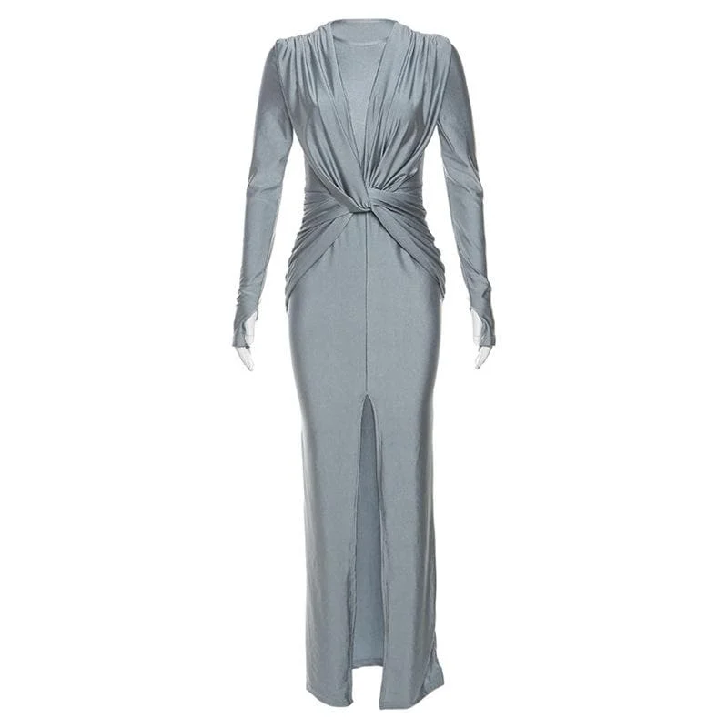 Knotted slit solid long sleeve ruched maxi dress