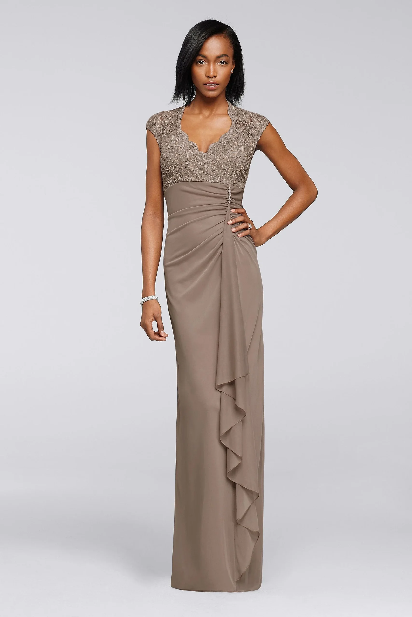 Lace Bodice Long Mesh Dress with Cap Sleeves