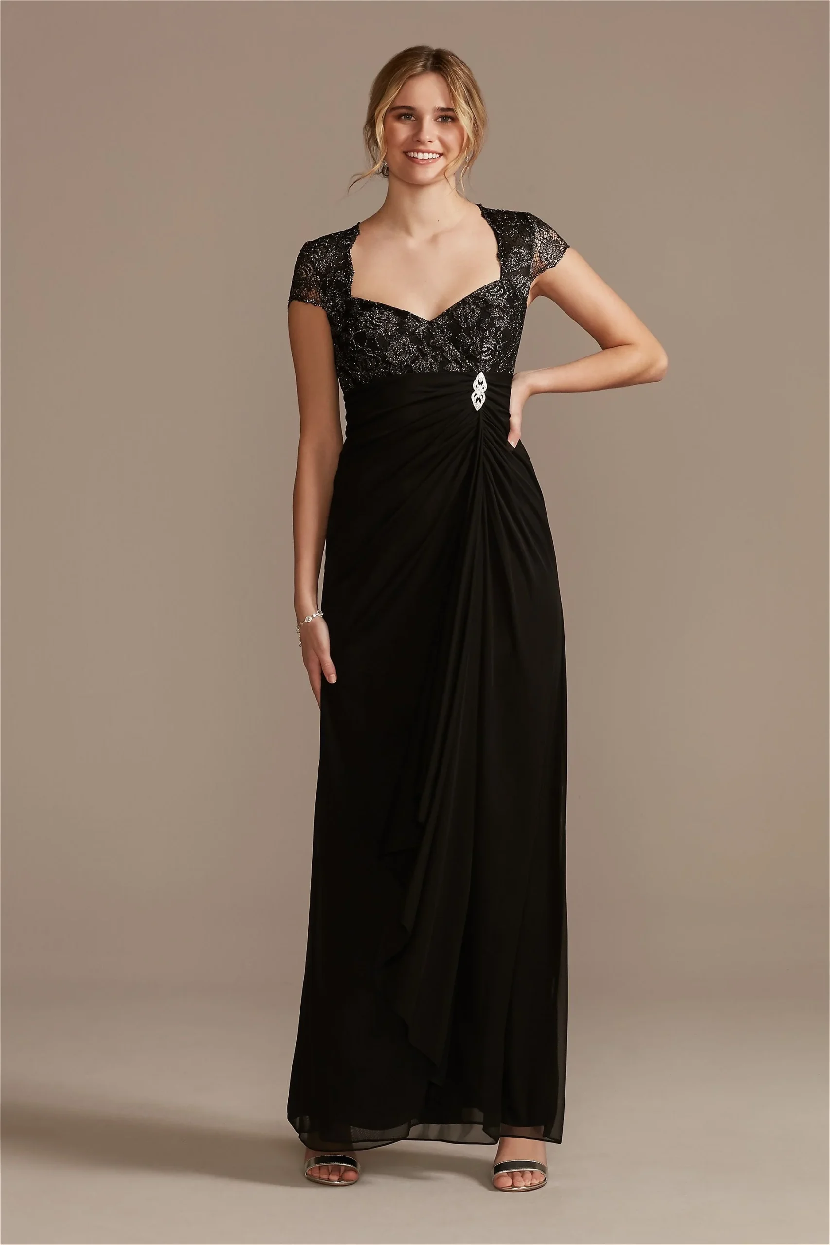 Lace Bodice V-Neck Cap Sleeve Mesh Dress