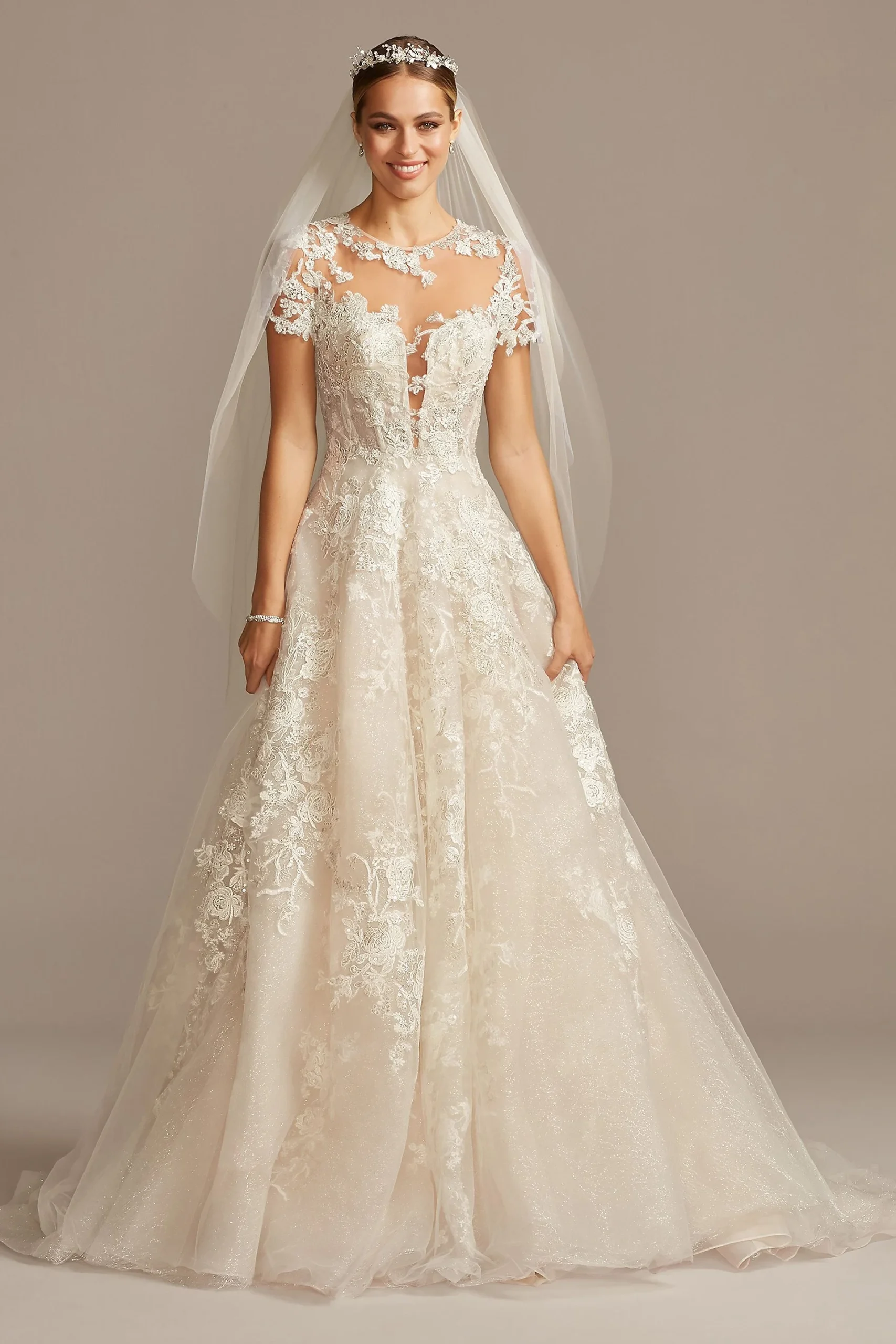 Lace Cap Sleeve Ball Gown Wedding Dress