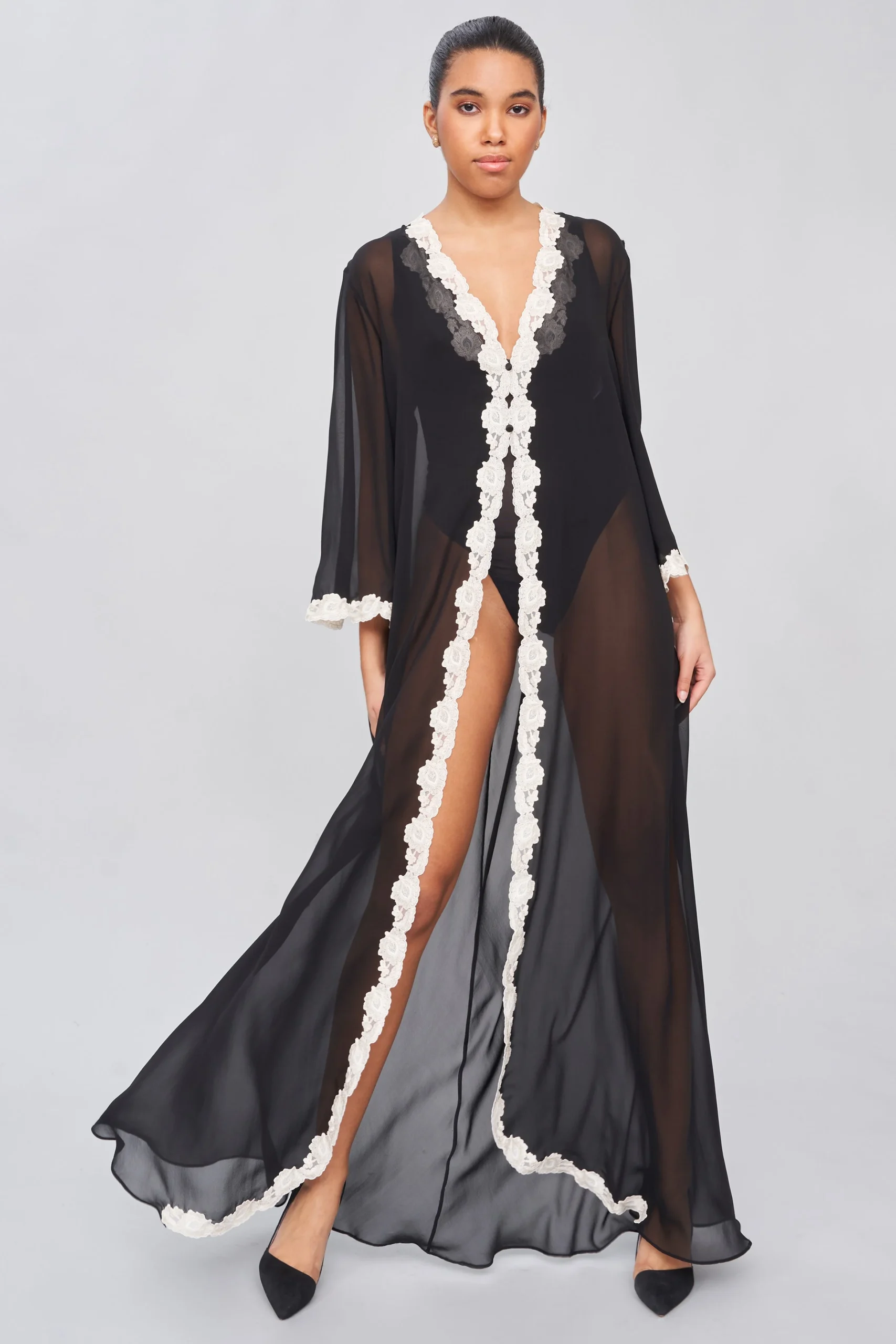 Lace-Finished Silk Georgette Long Robe