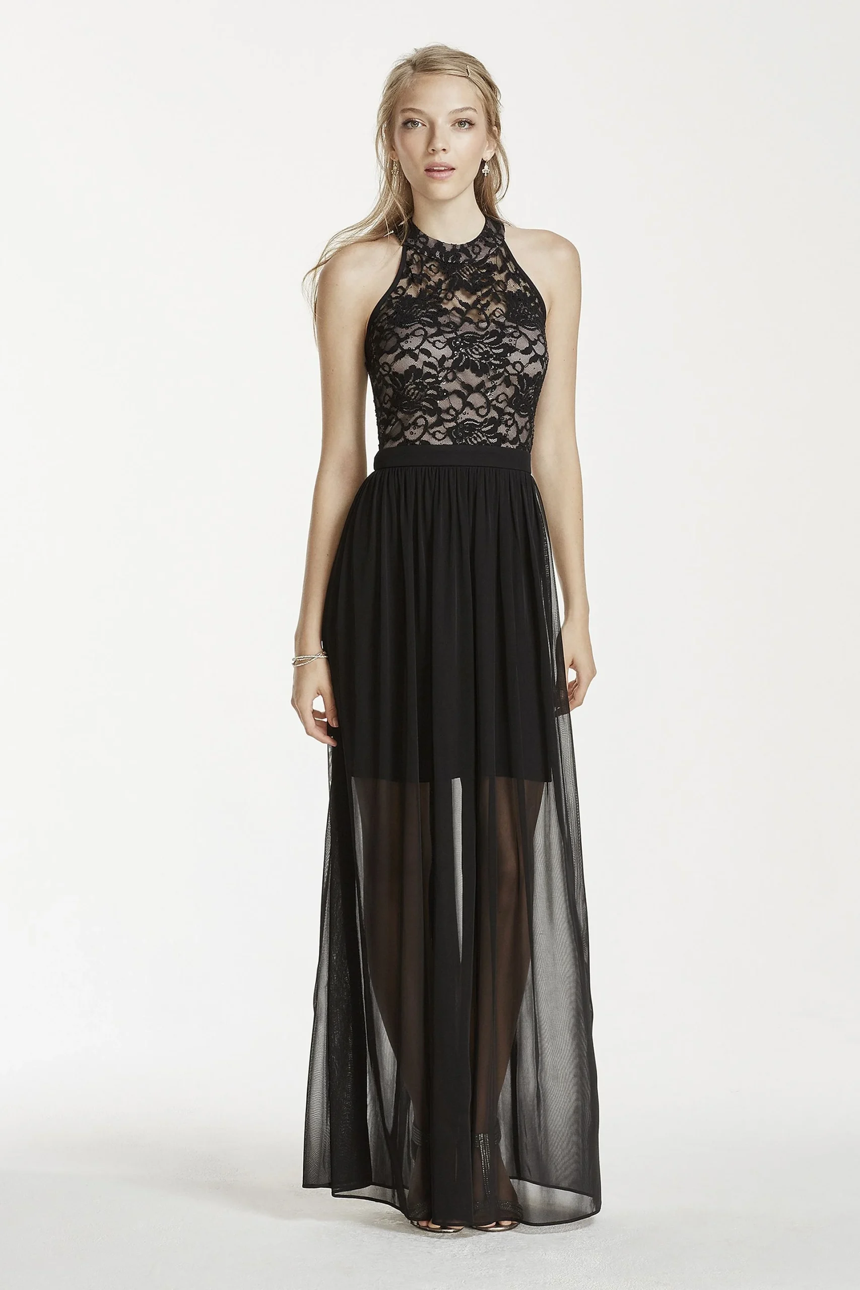 Lace Halter Dress with Chiffon Illusion Skirt