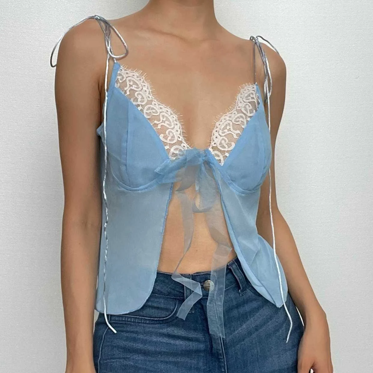 Lace hem backless chiffon self tie contrast crop top - Final Sale