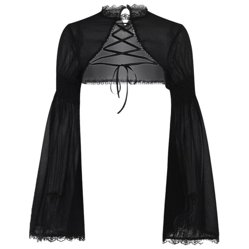 Lace hem smocked solid flared sleeve lace up shrug top