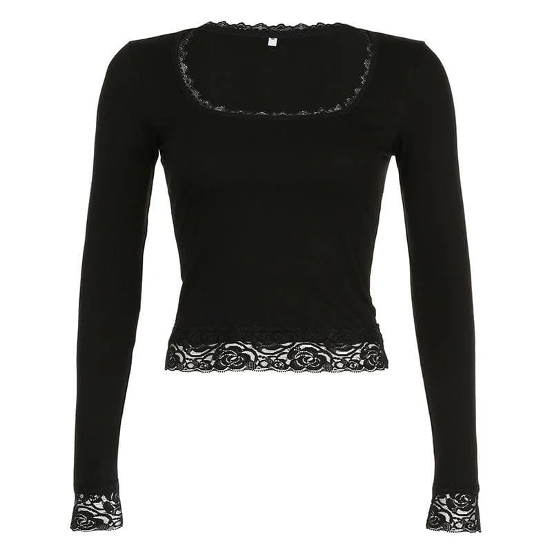 Lace hem solid square neck long sleeve top