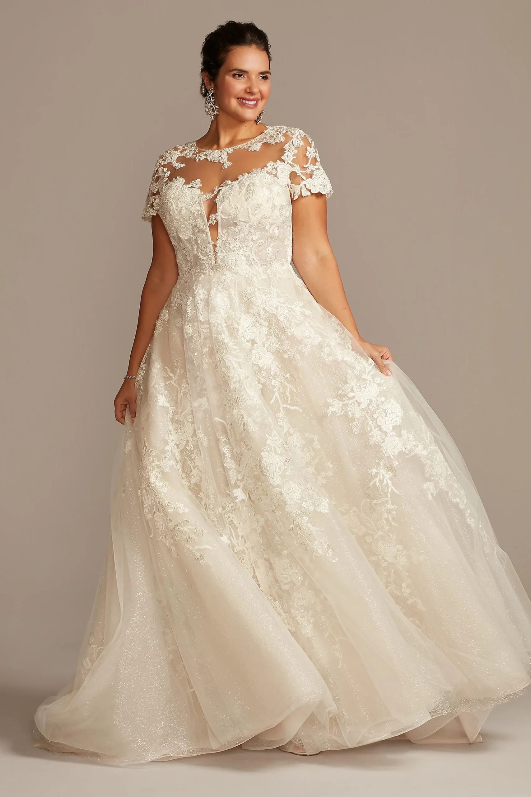 Lace Illusion Cap Sleeve Ball Gown Wedding Dress