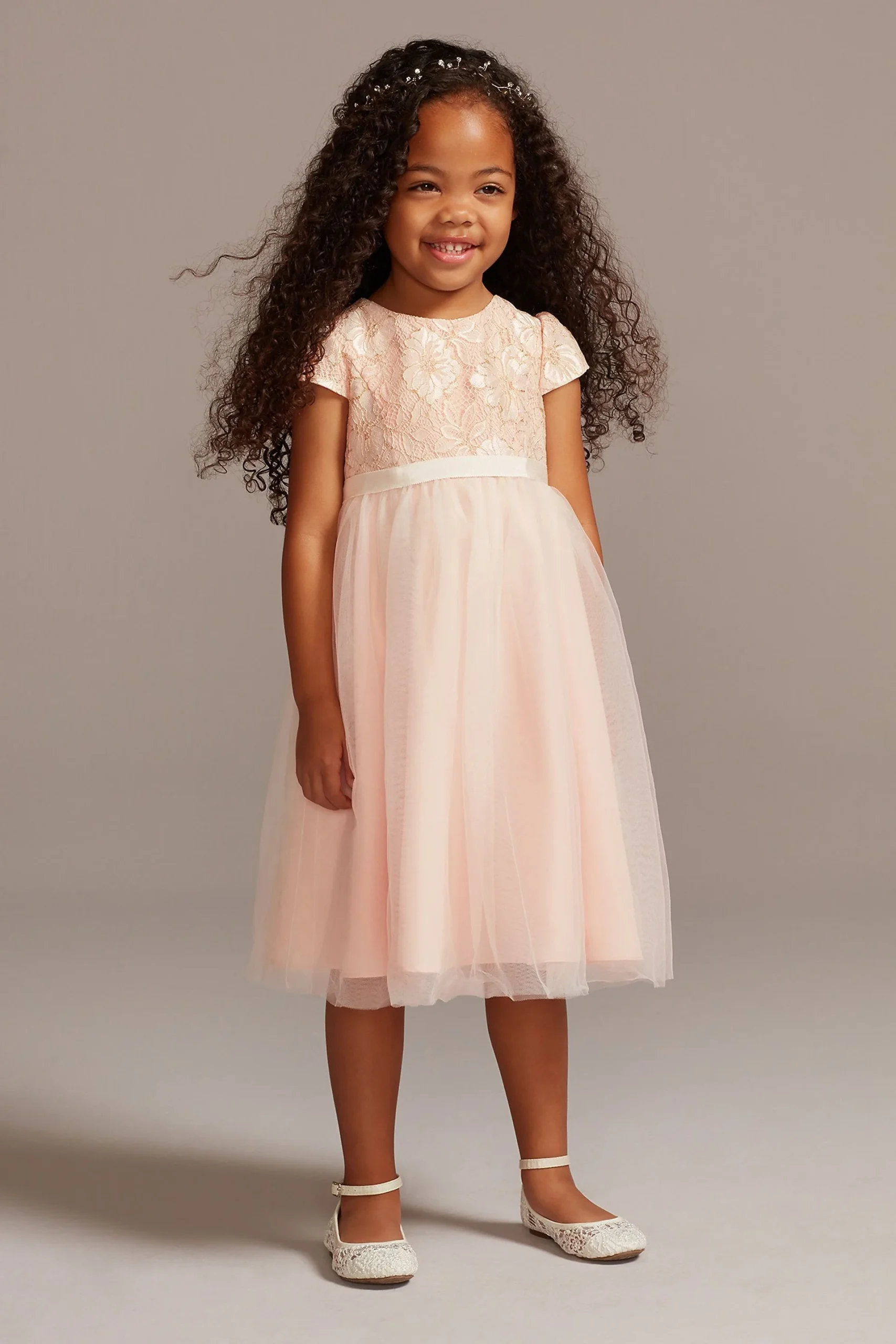 Lace Overlay Cap Sleeve Flower Girl Dress
